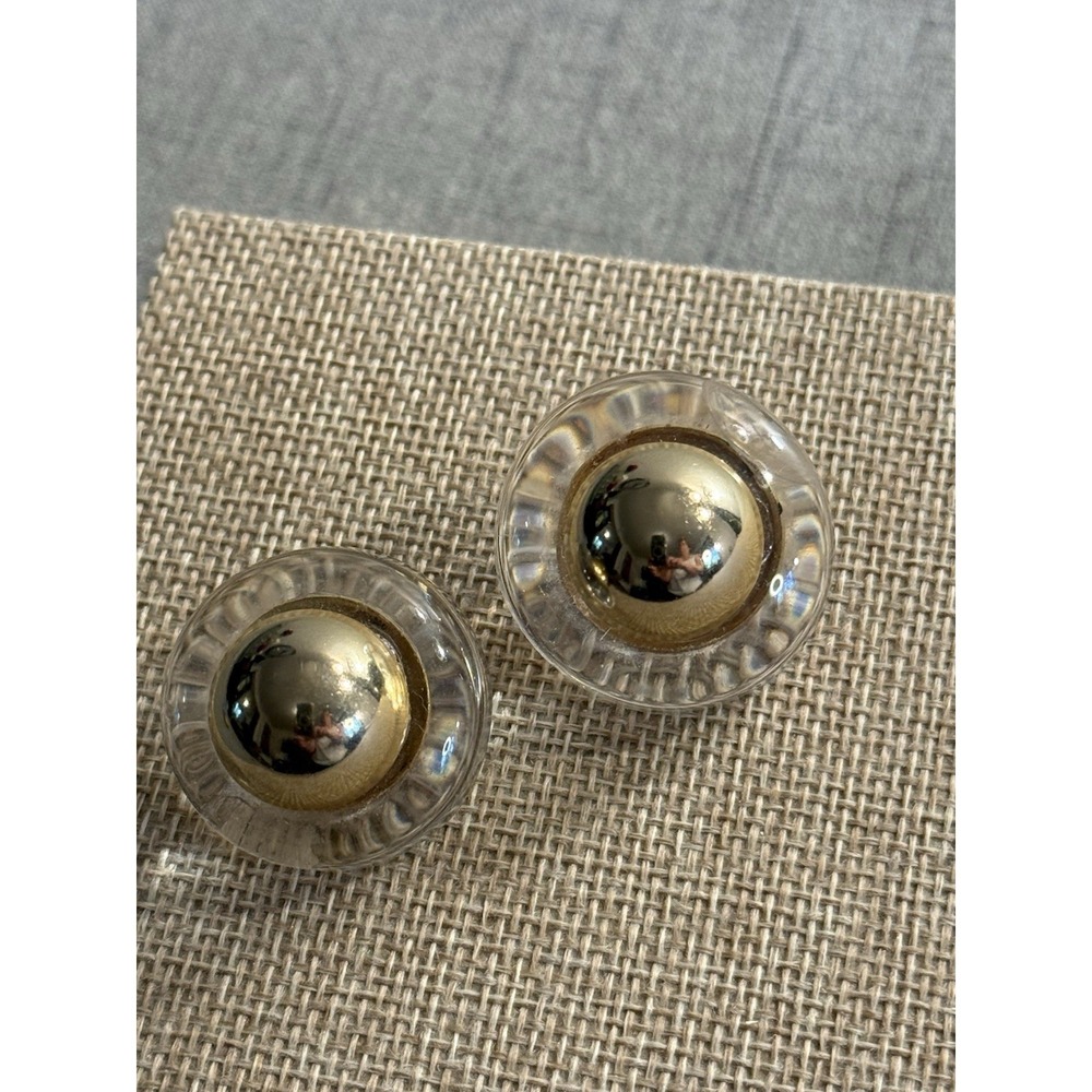 Vintage Castlecliff Mid-Century Clear Lucite & Gold Dome Clip Earrings